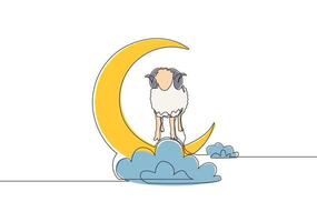 One continuous line drawing of sheep standing on moon at cloudy sky. Muslim holiday the sacrifice an animal to God, Eid ul Adha greeting card concept single line draw design illustration vector