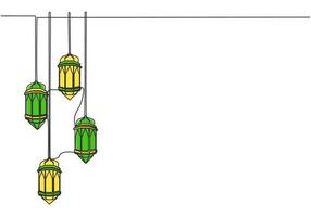 Ramadan Kareem greeting card, banner, and poster design. One single line drawing of Islamic lantern lamps ornament hanging on wire with white background. Continuous line draw vector illustration