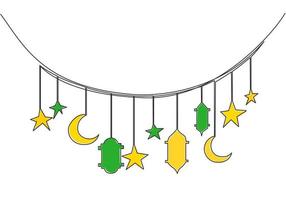 Ramadan Kareem greeting card, poster and banner design background. One single line drawing of Islamic ornament with moons, stars, lanterns and lamps. Continuous line draw vector illustration