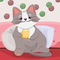 Lazy cat drinking warm milk on the couch. vector