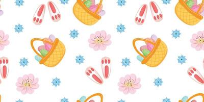 Seamless pattern with flowers, basket filled by painted eggs and paw prints on white background. Easter background. vector