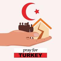 Pray for Turkey illustration with a hand holding a broken house after earthquake and group of people. vector