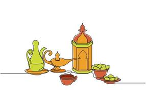 Ramadan Kareem greeting card, poster and banner design. One single line drawing of Islamic ornament lantern, glass, dates fruit, food, drink and teapot. Continuous line draw vector illustration