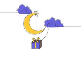 Single continuous line drawing of present gift hanging on the moon at the cloudy sky. Muslim holiday, Eid ul Fitr greeting card concept one line draw design illustration vector