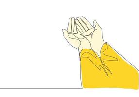 uno continuo línea dibujo de musulmán personas abierto y aumento manos a orar a dios. islámico santo día Ramadán kareem y eid Mubarak saludo tarjeta concepto soltero línea dibujar diseño vector ilustración