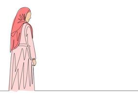 Single continuous line drawing of young happy beautiful muslim girl with headscarf from back view. Pretty malay women model in trendy hijab fashion concept one line draw design vector illustration