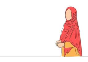 soltero continuo línea dibujo de joven contento muslimah niña con Pañuelo en pie y actitud bien. linda malayo mujer modelo en de moda hijab Moda concepto uno línea dibujar diseño vector ilustración