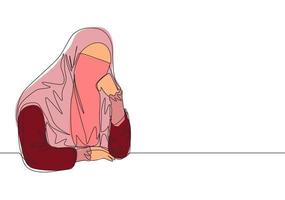 soltero continuo línea dibujo de joven bonito saudi árabe muslimah vistiendo burka y pensativo en serio. tradicional musulmán mujer niqab con hijab concepto uno línea dibujar diseño vector ilustración