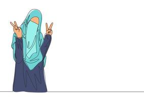 Single continuous line drawing of young cute saudi arabian muslimah wearing burqa and giving peace gesture. Traditional muslim woman niqab with hijab concept one line draw design vector illustration
