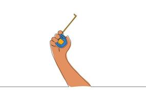 One single line drawing of man holding measuring tape. Handyman tools concept. Continuous line draw vector design illustration