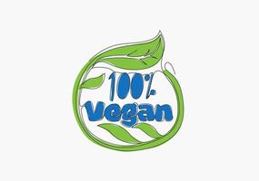 soltero continuo línea dibujo de eco natural y orgánico comida tipografía citar - 100 por ciento vegano. caligráfico diseño para imprimir, etiqueta, tarjeta, póster. uno línea dibujar diseño vector ilustración