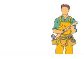 Single continuous line drawing of young handyman wearing building construction uniform while holding spirit level. Craftsman home repair service concept. One line draw design illustration vector