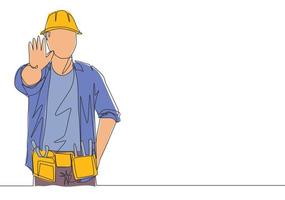 One continuous line drawing of young handyman lift his hands and giving stop gesture. Workman building maintenance service concept. Single line draw design illustration vector