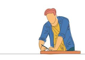 One continuous line drawing of young handsome handyman measuring wooden board to cut. Building construction service concept single line draw design illustration vector