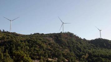 eléctrico viento turbinas trabajando en montaña Pendiente cubierto con verde pino arboles video