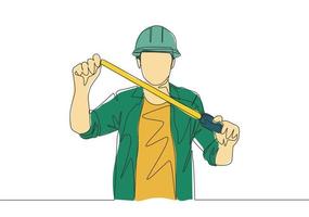 One single line drawing of young attractive handyman holding measurement tape. Building construction service concept Continuous line draw design illustration vector