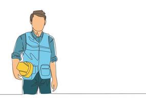 One continuous line drawing of young handsome architect wearing construction uniform and vest while holding helmet. Home renovation service concept single line draw design illustration vector