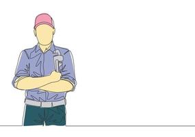 One single line drawing of young handsome plumber wearing uniform and holding a pipe wrench. House maintenance service concept continuous line draw design illustration vector