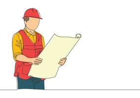 Single continuous line drawing of young attractive architect checking sketch building architecture blueprint. House maintenance service concept one line draw design vector graphic illustration