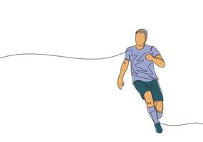 Single continuous line drawing of young energetic football player running to chase the ball at the game. Soccer match sports concept. One line draw design vector illustration