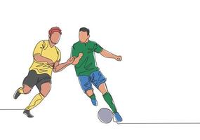Single continuous line drawing of young energetic football player defending the ball from opponent player who want to seized it. Soccer match sports concept. One line draw design vector illustration