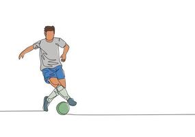 One continuous line drawing of young energetic football player controlling and dribbling the ball at the game. Soccer match sports concept. Single line draw design vector illustration