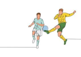 One continuous line drawing of young energetic football player doing ball clearance to keep his area safe from opponent attack. Soccer match sports concept. Single line draw design vector illustration