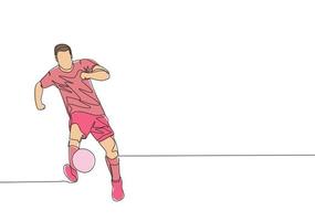 soltero continuo línea dibujo de joven energético fútbol americano jugador paso el pelota a el compañero de equipo fútbol partido Deportes concepto. uno línea dibujar diseño vector ilustración