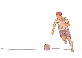 One continuous line drawing of young energetic football player dribbling the ball to the opponent area. Soccer match sports concept. Single line draw design vector illustration