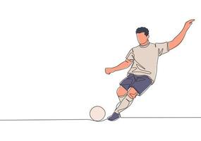 One continuous line drawing of young talented football player take a free kick. Soccer match sports concept. Single line draw design vector illustration