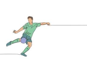 Single continuous line drawing of young energetic football striker shooting a first time kick technique. Soccer match sports concept. One line draw design vector illustration