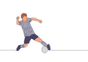 One single line drawing of young football player with short sleeve shirt training to control the ball. Soccer match sports concept. Continuous line draw design vector illustration