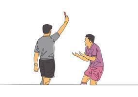Single continuous line drawing of referee punished young football player a yellow card to his foul at the game. Soccer match sports concept. One line draw design vector illustration