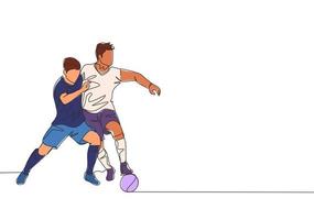 One continuous line drawing of two young energetic football player fighting for the ball at the game. Soccer match sports concept. Single line draw design vector illustration