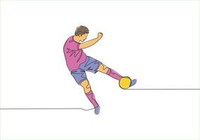 uno continuo línea dibujo de joven talentoso fútbol americano jugador disparo el pelota con primero hora patada técnica. fútbol partido Deportes concepto. soltero línea dibujar diseño vector ilustración