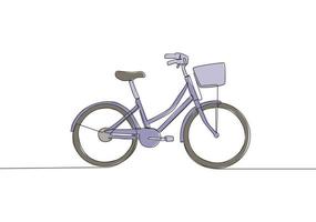 One single line drawing of girly classic roadster bicycle logo. Bike with basket at the front concept. Continuous line draw design vector illustration