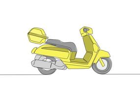 Single continuous line drawing of courier delivery service motorbike logo. Scooter motorcycle concept. One line draw design vector illustration