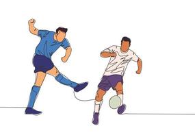 One continuous line drawing of young football striker shooting the ball and the defender blocking the ball. Soccer match sports concept. Single line draw design vector illustration