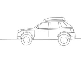 Continuous line drawing of tough suv car with roof rack. Adventure vehicle transportation concept. One single continuous line draw design vector