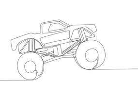 soltero línea dibujo de 4x4 rueda direccion monstruo camión coche para competencia y torneo. aventuras fuera del camino vehículo transporte concepto. uno continuo línea dibujar diseño vector