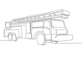 One line drawing of fire truck with hose and ladder. Public safety service vehicle transportation concept. Single continuous line draw design vector