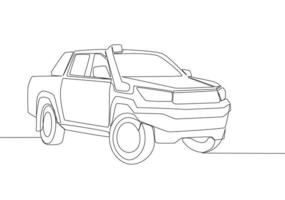 uno línea dibujo de 4x4 rueda conducir difícil recoger camión coche. deportivo vehículo transporte concepto. soltero continuo línea dibujar diseño vector