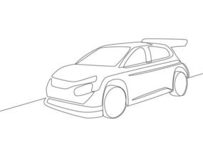 One line drawing of rally and drifting sporty sedan car. Vehicle transportation concept. Single continuous line draw design vector