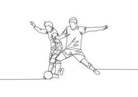 Single continuous line drawing of young energetic football player fighting for the ball at the competition game. Soccer match sports concept. One line draw design vector illustration