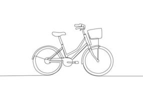 One single line drawing of girly classic roadster bicycle logo. Bike with basket at the front concept. Continuous line draw design vector illustration