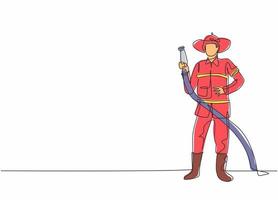 Single one line drawing of young fireman pose standing and holding water nozzle. Professional work profession and occupation minimal concept. Continuous line draw design graphic vector illustration