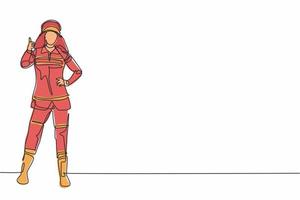 Continuous one line drawing female firefighters stood wearing helmets and uniforms complete with a thumbs-up gesture to work to extinguish the fire. Single line draw design vector graphic illustration