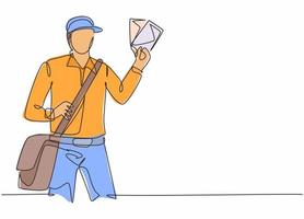 Single continuous line drawing of young postman holding envelopes to be sent to customer. Professional work job occupation. Minimalism concept one line draw graphic design vector illustration