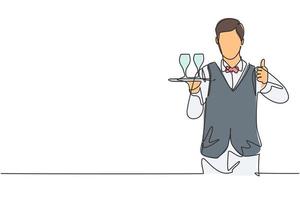 Single continuous line drawing waiter with a gesture raised his thumb and brought a tray of drinking glasses serving visitors at the cafeteria. Dynamic one line draw graphic design vector illustration