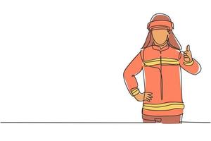 Single continuous line drawing firefighters in uniform complete with a thumbs-up gesture prepare to put out the fire that burned the building. Dynamic one line draw graphic design vector illustration.